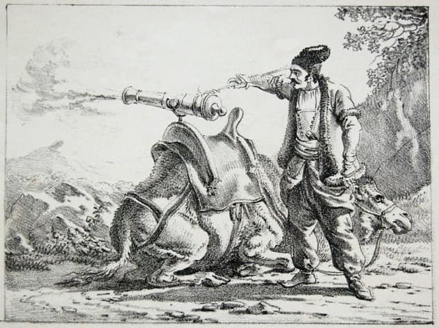 A lithograph depicting a zamburak or camel artillery